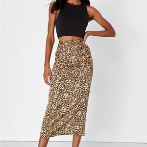 Lulus Elevated Choice Black Floral Print Satin Midi Skirt